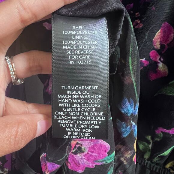 Nicole Miller Floral Printed V-Neck Sheer Puff Sleeve Black Purple Career Top - Picture 7 of 9